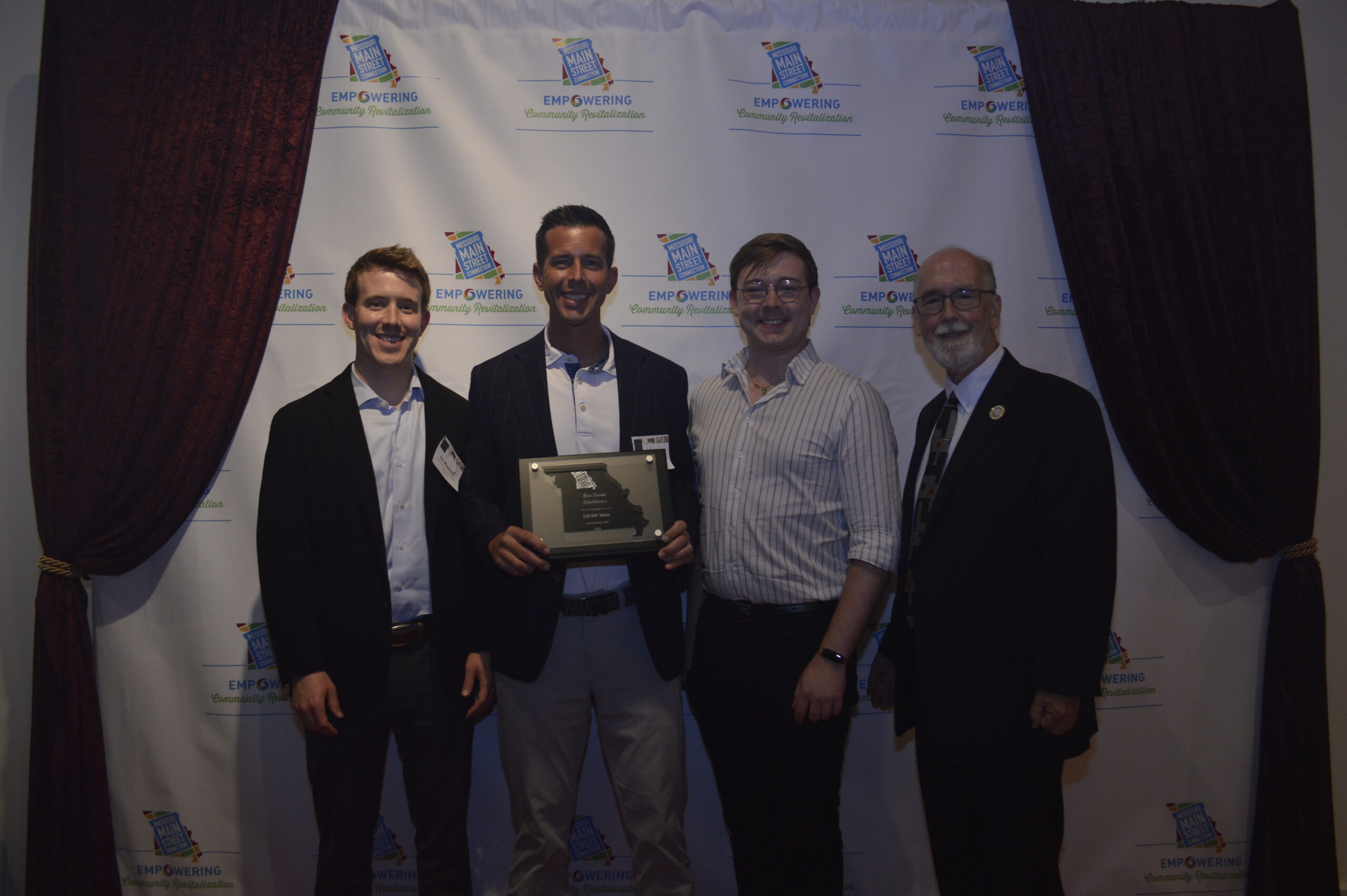 (left to right) Ian Mussman with Drake Development, Matt Pennington with Drake Development, Scott Green with Collins Webb Architecture, and Dr. Steven Hoffman with Missouri Main Street Connection